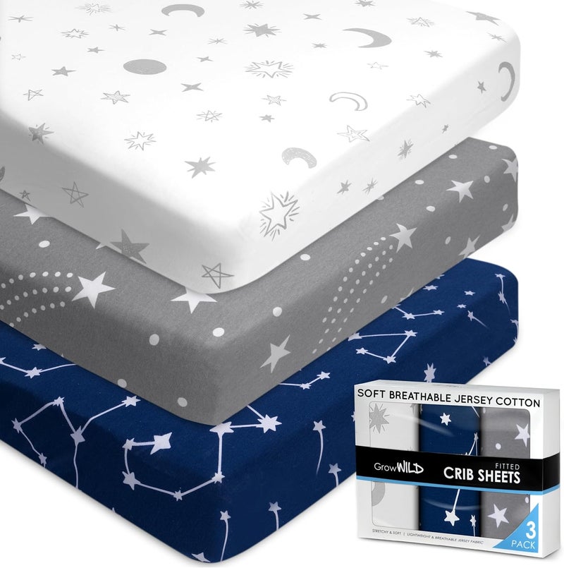 GrowWILD GROW WILD Crib Sheets for Boys or Girls | 3 Pack Soft Stretchy Jersey Cotton Fitted Crib Sheet Neutral | Grey White Navy Blue Baby Crib Sheets for Girl, Crib Mattress Sheet or Toddler Bed Sheets - Image 1